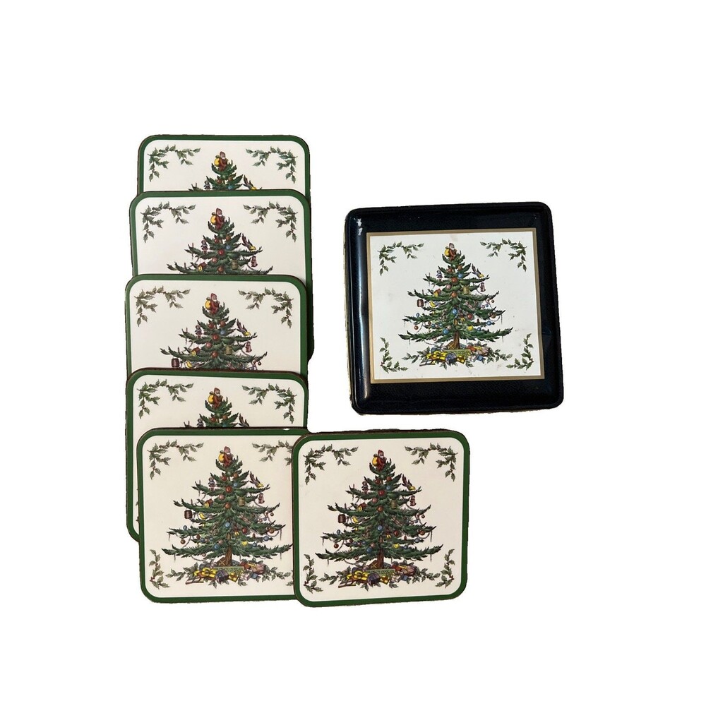 Spode Christmas Coasters Pimpernel Cork Tree Holiday Collectors Tin Vtg